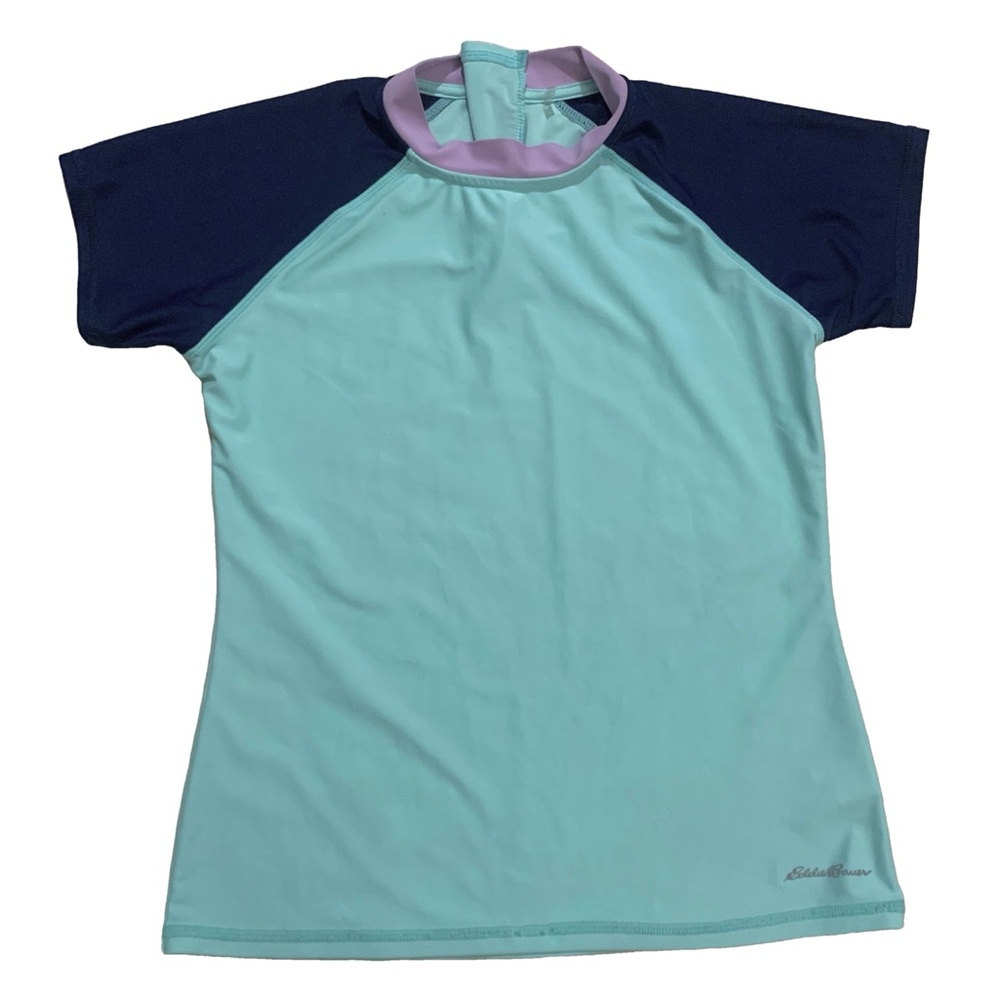 Eddie Bauer Teal Blue Color Block Back Zipper Short Sleeve Rashguard Shirt